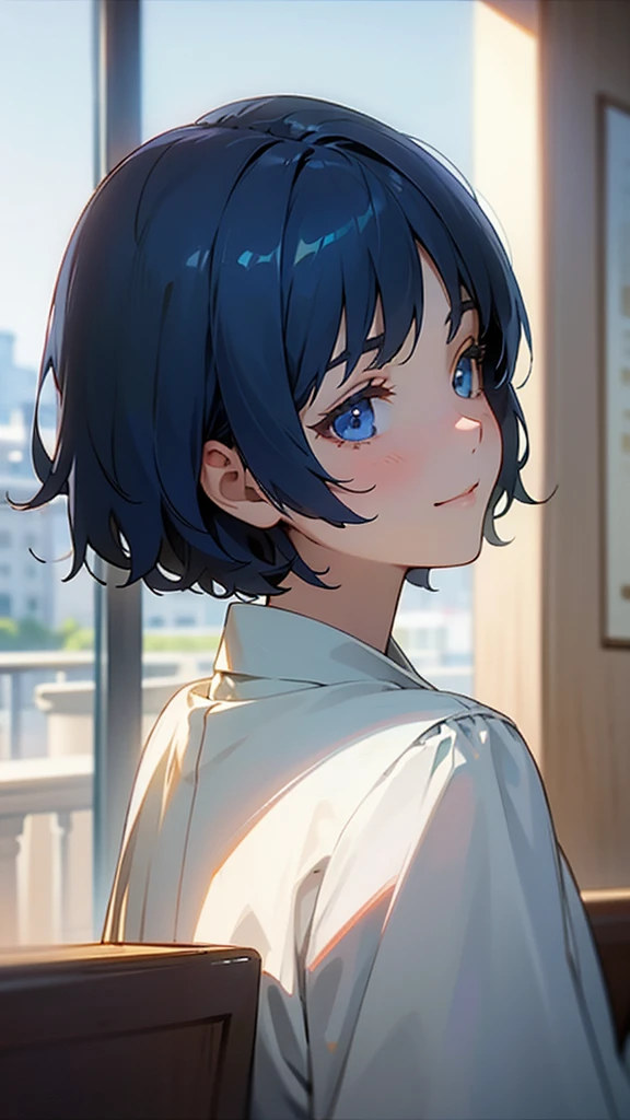 1girl、Dark blue hair、Short Bob Cut、Straight hair、blue eyes、smile、profile、Face close-up、Morning Cafe Terrace、Background blur, Written boundary depth