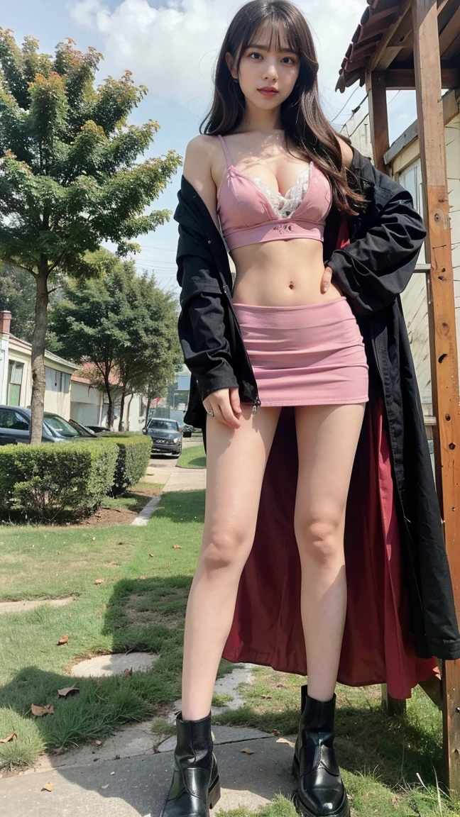 (8K、RAW Photos、Highest quality、masterpiece:1.2)、(Highest quality、Realistic)、1 Girl、((Tube top、Idol Costume、ribbon、Medium Hair、See-through、smile、Thin legs、whole body、boots、garden、View from the front、Looking into the camera、Stand with hands on hips))、cute