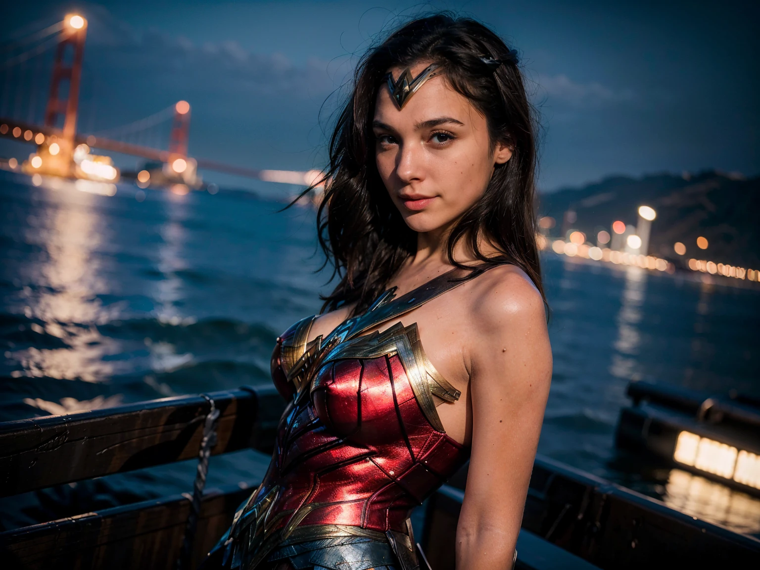 ((masterpiece), (solo character), (photorealistic:1.4), ),(best quality), (epiCRealLife), (g4lg), (g4lg large breasts), (g4lg show cleavages), (Gal Godot in wonder woman costume), (lora:epiCFlashPhoto),(flashphoto), (flash photography) (look at viewers), , (photoshoot), (wonder woman theme), (outdoor photoshoot), (night time), (Gal Godot lakeside), (boots)