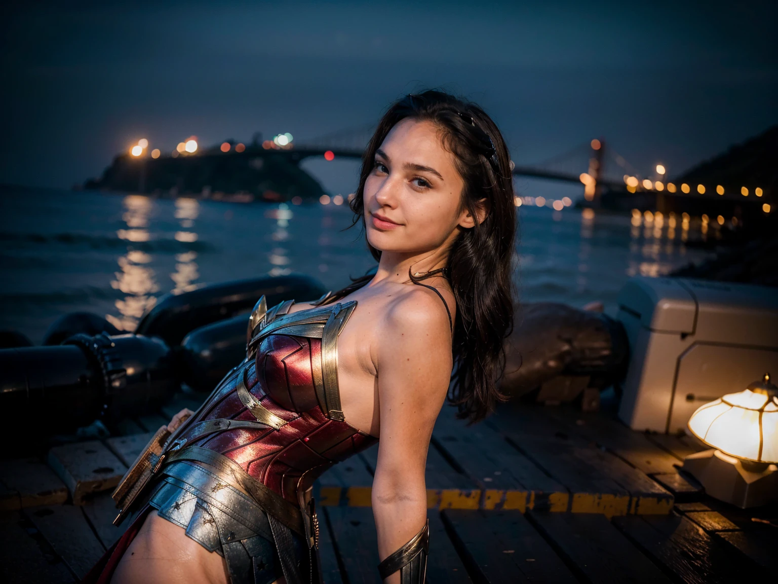 ((masterpiece), (solo character), (photorealistic:1.4), ),(best quality), (epiCRealLife), (g4lg), (g4lg large breasts), (g4lg show cleavages), (Gal Godot in wonder woman costume), (lora:epiCFlashPhoto),(flashphoto), (flash photography) (look at viewers), (at night), (night time),, (photoshoot), (wonder woman theme), (on a beach),  (from side) , (light smile),