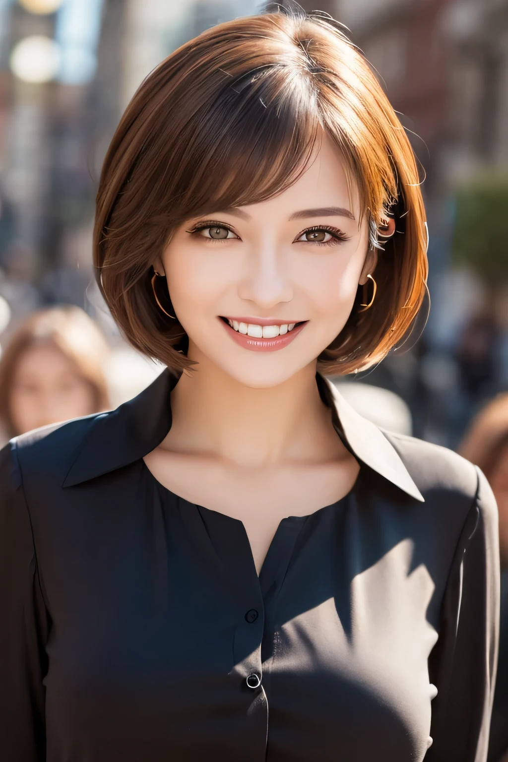 ((masterpiece)), ((Highest quality)), ((Complex)), ((Surreal)), (Realistic), (Mature Woman), ((There are no classes)), Very detailed, (1 female), Beautiful and exquisite, (Beautiful Teeth), Grin, Brunette Bob Hair, Brown eyes, ((blouse)), (Upper Body), (background:none), Perfect Eyes, Captivating eyes, Looking at the audience