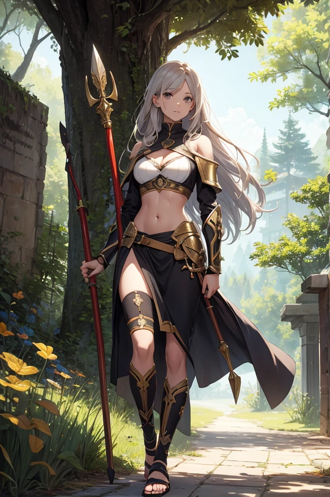 a painting of a woman standing among trees and holding a shield, spear and staff, 1girl, shield, solo, barefoot, midriff, weapon, bird, elbow pads, knee pads, shoulder pads, black armor , sandals , sexy, exposed belly, muscular girl, defined abdomen,stomach, multiple girls, looking at viewer , long hair, bare shoulders, outdoors, sandals