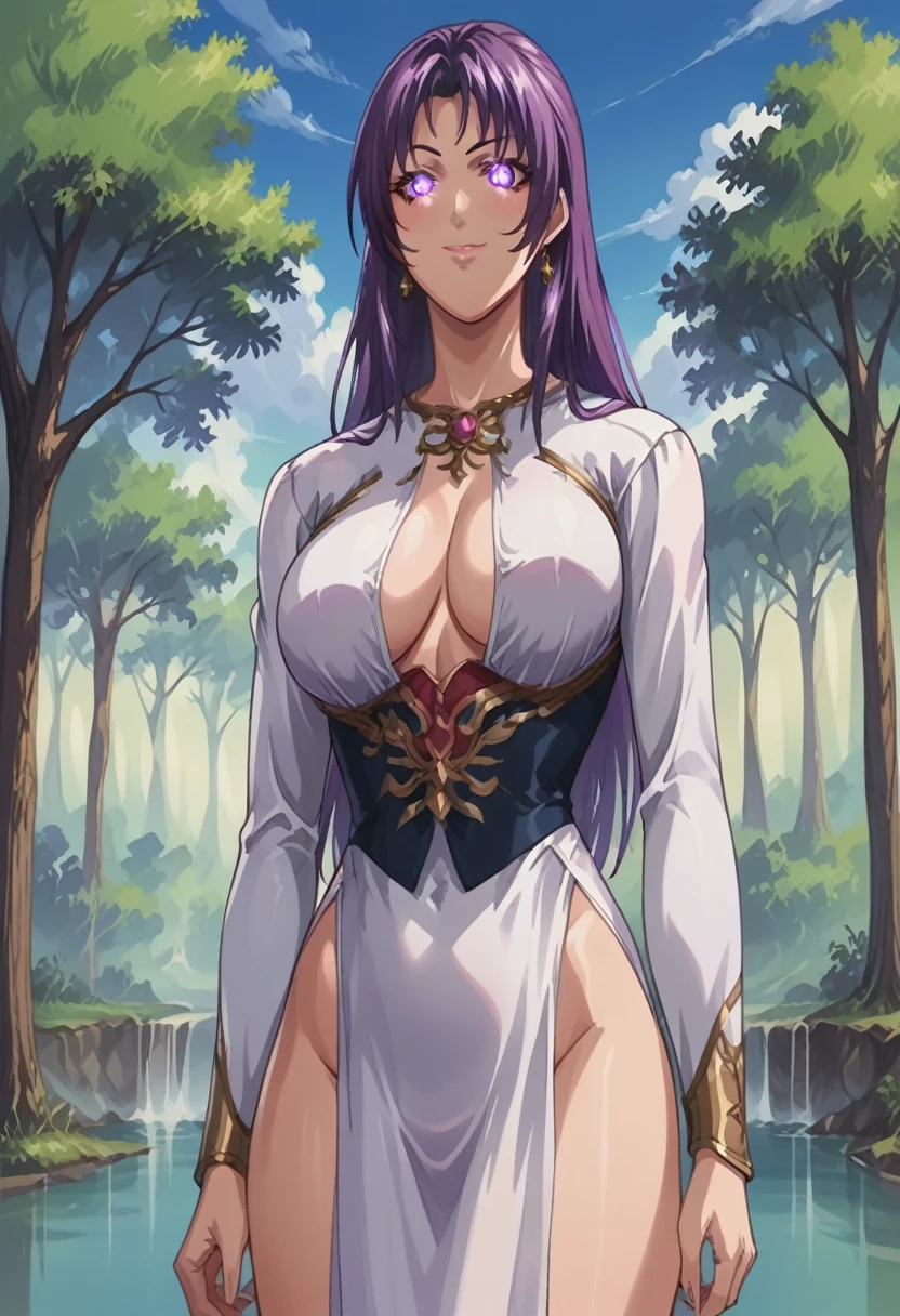 score_9, score_8_up, source_anime Bibl3, mystra, mystra \(baldurs gate\), mystra goddess \(baldurs gate\),1girl, solo, long hair, huge breasts, looking at viewer, smile, dress, jewelry, heavy breasts, breast expansion, closed mouth, standing, purple eyes, purple hair, flower, cowboy shot, earrings, outdoors, tree, vivid lips, groin, no panties, glowing, nature, glowing eyes, pelvic curtain, forehead, arms at sides