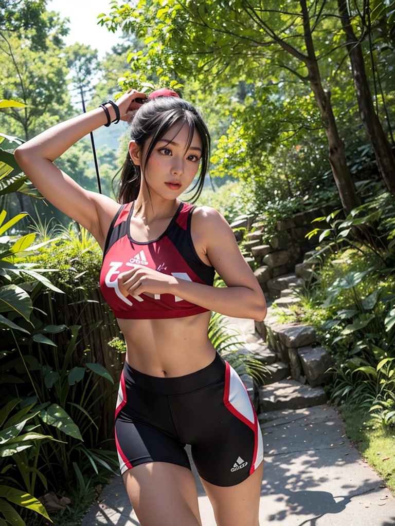 1 girls A photorealistic image of a female Asian runner in her early 20s, running on a scenic mountain trail. She has long, black hair tied in a ponytail and is wearing a bright red tank top and black running shorts. She also has a red visor and a white water bottle strapped to her waist. Her expression is one of determination and focus as she powers up the trail. The background is a lush green forest with tall trees and a winding trail. The lighting is bright and sunny, with dappled sunlight filtering through the trees. Photograph taken by Sony 85mm f/1.2
sky,street,Raw, cinematic shot, (sharp focus:1.5), (photorealistic:1.4), twilight lighting, volumetric lighting, ultra high res, 16K,dramatic lighting,