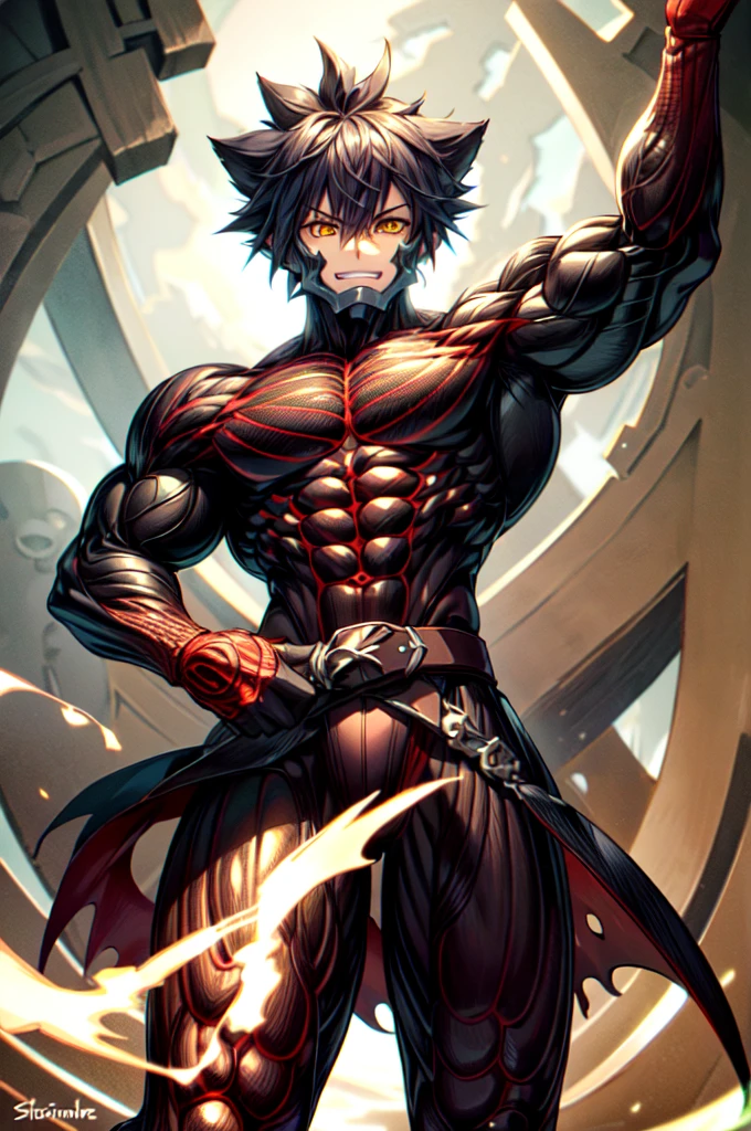 VanitasKH, spiky hair, yellow  eyes, Chin guard, Body, evil grin, (1 boy:1.3), make contact, open hand, Stand, Cowboy-shot,, ultra Detailed, ​masterpiece, best quality, Esthetic, Detailed,  ((extremely muscular)), (, muscular legs , muscular arms, Muscular upper body, muscular abdominal muscles , muscular shoulders,)
