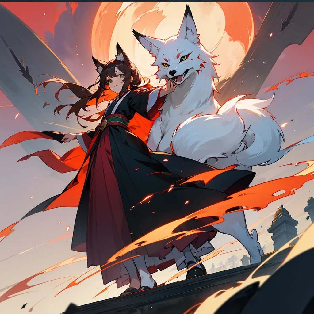 kawaii, anime, Cute, hyper quality, highly detailed, 16k, Front facing, Clarity, full body, smile, Inciting point of view, fox, A girl and a pure white fox, long brown hair, green eyes, yukata, cobblestone, red torii, A row of red torii gates, creepy laughter, worship path, cloudless dusk, Red Moon, A large number of black crows fly overhead, The black feathers of the crow are dancing, Shining big tree, Fantastic, evening, I have a pure white fox, White plum blossoms at my feet, carrying a fox, turn half your body, red sky without clouds, ominous, fox ears, wear a fox mask on your head, lined with trees, Crow wings grow on the girl's back, row of tall trees, light dances, spark effect, white kiwi flowers at my feet,