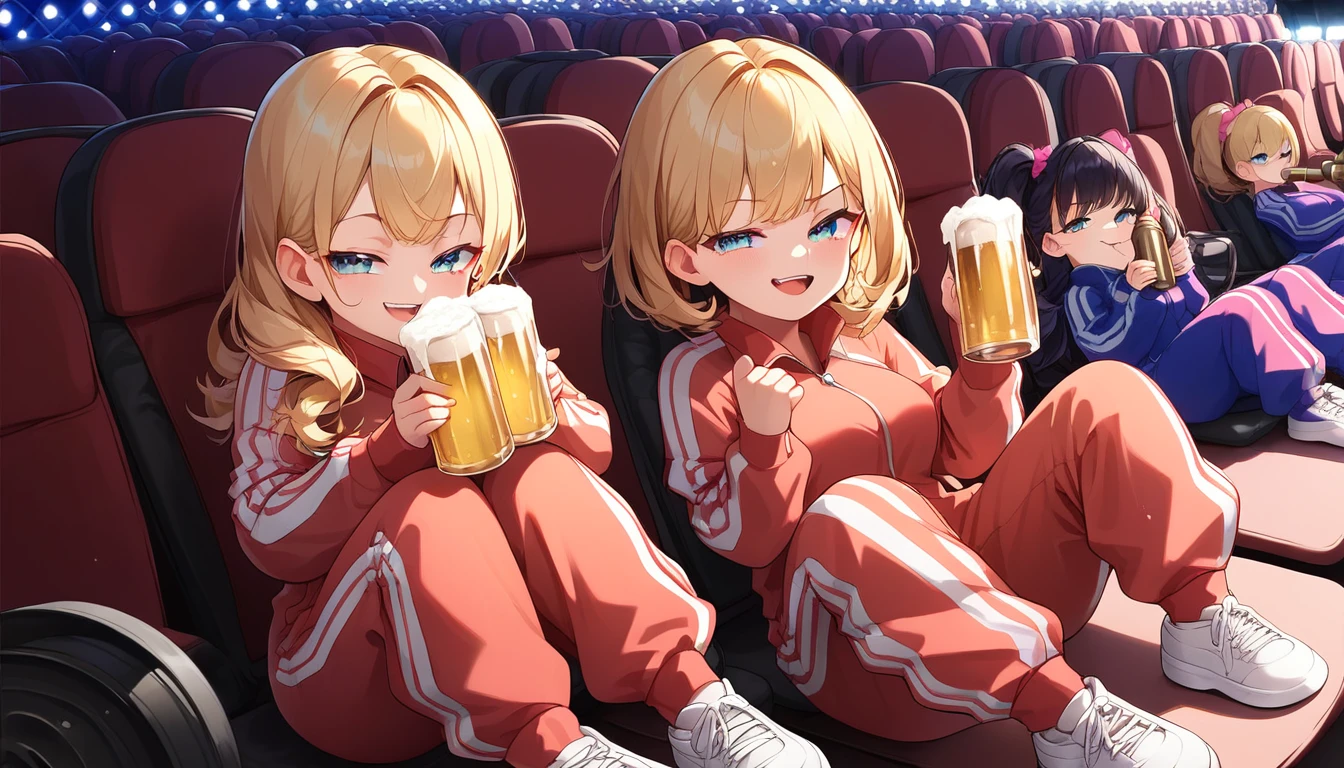 ((2girls:1.3)), ((tracksuit:1.3)), ((movie theatre:1.3)), ((full body:1.3)), ((smug face:1.3)), ((beer bottle:1.3)), ((drinking:1.3)), ((moe style:1.3)), ((perfect face)), ((extremely cute:1.3)), ((masterpiece:1.3)), ((8k)), ((best quality:1.3)), ((beautiful)), ((extremely detailed:1.3)) , ((absurdres)), AddXL, ((score_9:1.3)), ((score_8_up:1.3)), ((score_7_up:1.3)), Expressiveh
