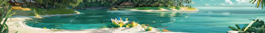 "Generates an image of a tropical island with white sand beaches and crystal clear waters. The island must have lush vegetation, including palm trees and tropical plants. Must include white sand beaches, turquoise waters, and dense vegetation. There may also be rock formations or cliffs, and optionally. The environment should have a clear blue sky with some white clouds and possibly birds flying. Lighting should be natural, reflecting a specific time of day such as morning, afternoon or evening, and the environment should be calm and paradisiacal with reflections of the sun in the water for a brilliant effect." (The island is a certain island without human activity).