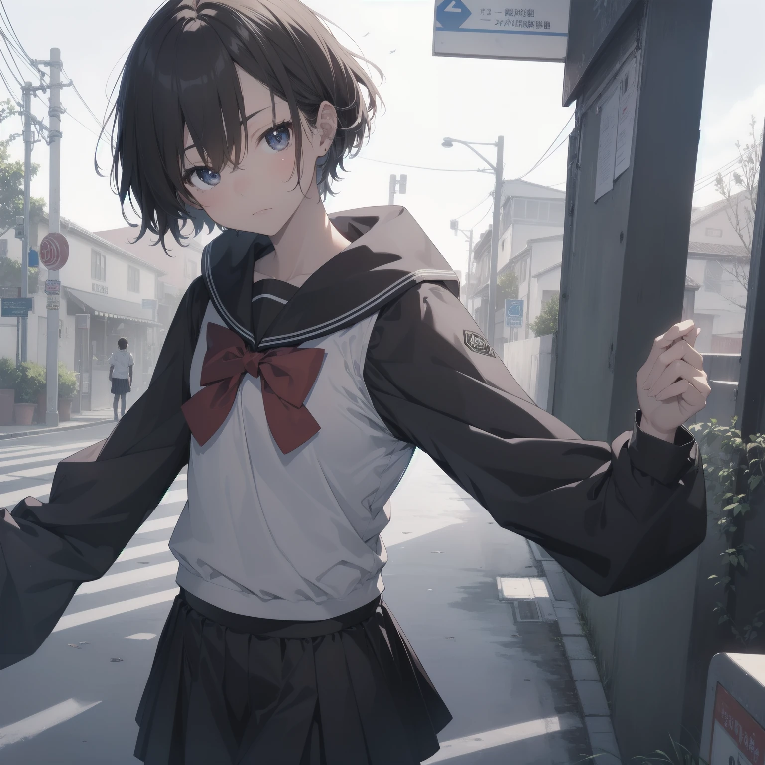 ultra-absurdres-Top quality by artist God, ultra-detailed, high resolution, anime moe artstyle, best anime 8k konachan wallpaper, pixiv contest winner, pool:2810, perfect anatomy,break, 1girl, (Please draw a girl walking sleepily to school alone. )break,(Solo,little female, -yeld:1.Full limbs, complete fingers,a junior hihort hair), short cut, flat chest, , small butt, small black eyes, beautiful detailed eyes, well-proportioned iris and pupils, expressive eyes, highres detailed hair, soft expression, salor school_uniform, sailor collar, serahuku, bow, pleated skirt,(Detailed Lighting), (Detailed background), in the School commute route. break,super detailed skin, Best cinematic lighting powered by famous artist, 8k,beauty illustration,photoshop_(medium),very aesthetic,break,((artist:tomose_shunsaku )), artist:clamp ,artist:carnelian ,artist:kantoku ,
