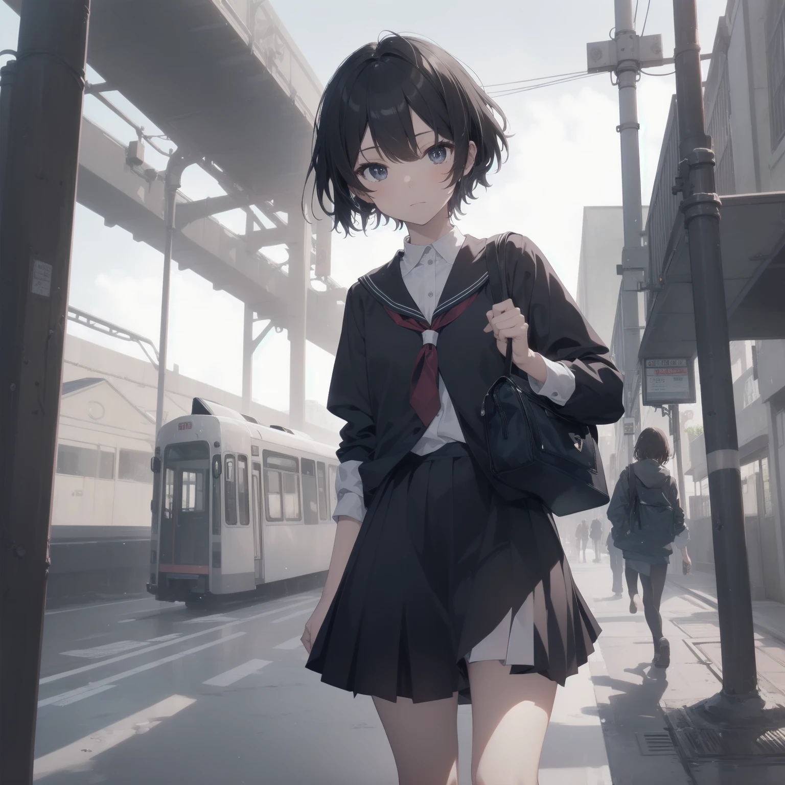 ultra-absurdres-Top quality by artist God, ultra-detailed, high resolution, anime moe artstyle, best anime 8k konachan wallpaper, pixiv contest winner, pool:2810, perfect anatomy,break, 1girl, (Please draw a girl walking sleepily to school alone. )break,(Solo,little female, 13-year-old:1.3),Full limbs, complete fingers,a junior high school student, (very short hair), short cut, flat chest, , small butt, small black eyes, beautiful detailed eyes, well-proportioned iris and pupils, expressive eyes, highres detailed hair, soft expression, salor school_uniform, sailor collar, serahuku, bow, pleated skirt,(Detailed Lighting), (Detailed background), in the School commute route. break,super detailed skin, Best cinematic lighting powered by famous artist, 8k,beauty illustration,photoshop_(medium),very aesthetic,break,((artist:tomose_shunsaku )), artist:clamp ,artist:carnelian ,artist:kantoku ,
