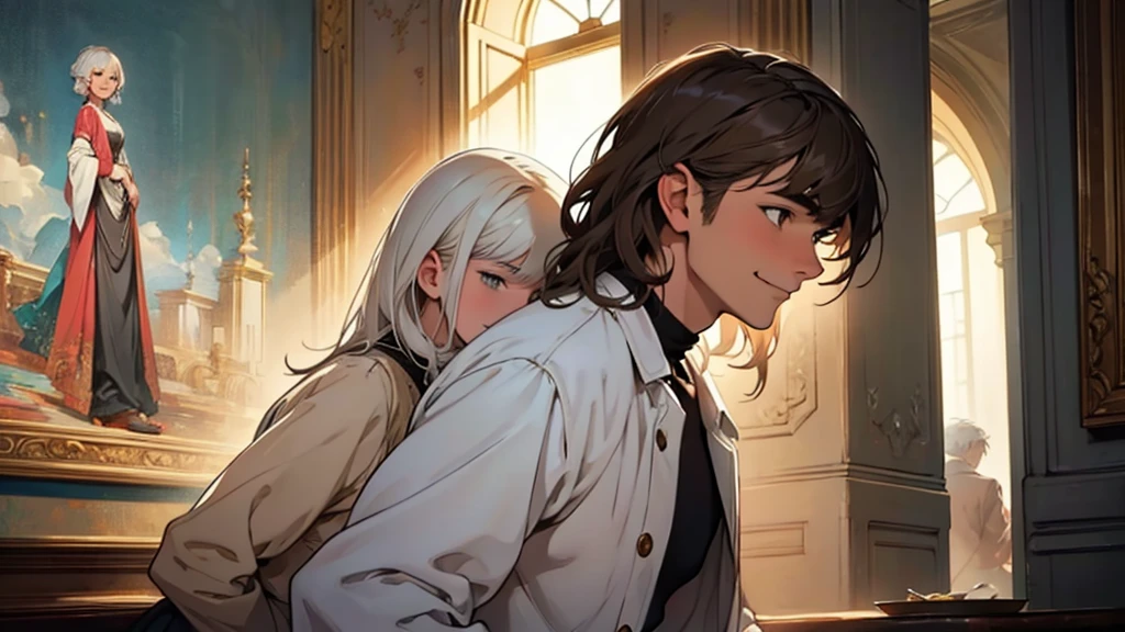 ((best quality)), ((work of art)), ((detailed)), young man with short white hair, in profile, smiling, woman with long brown hair and bangs, looking embarrassed
