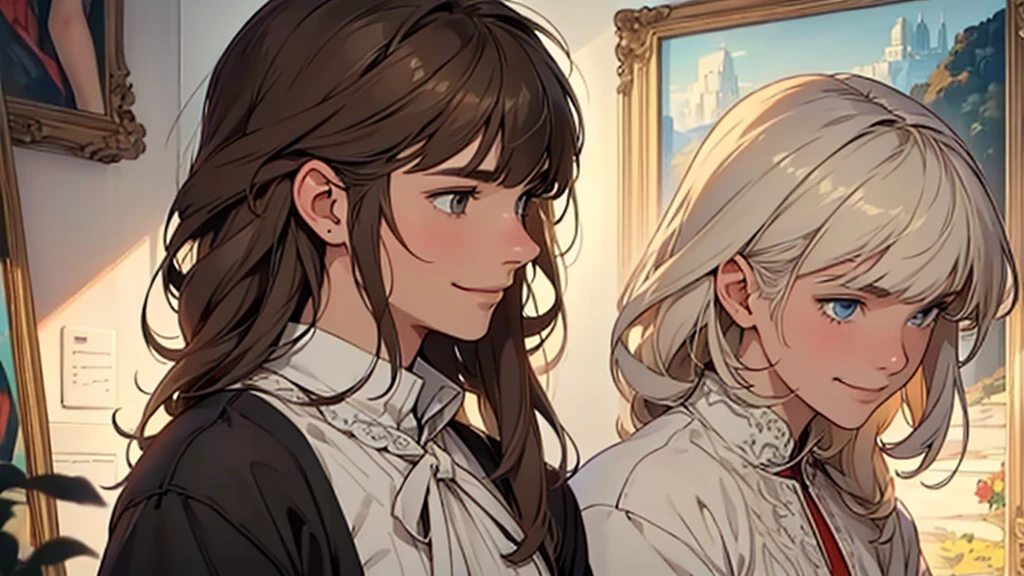 ((best quality)), ((work of art)), ((detailed)), young man with short white hair, in profile, smiling, woman with long brown hair and bangs, looking embarrassed
