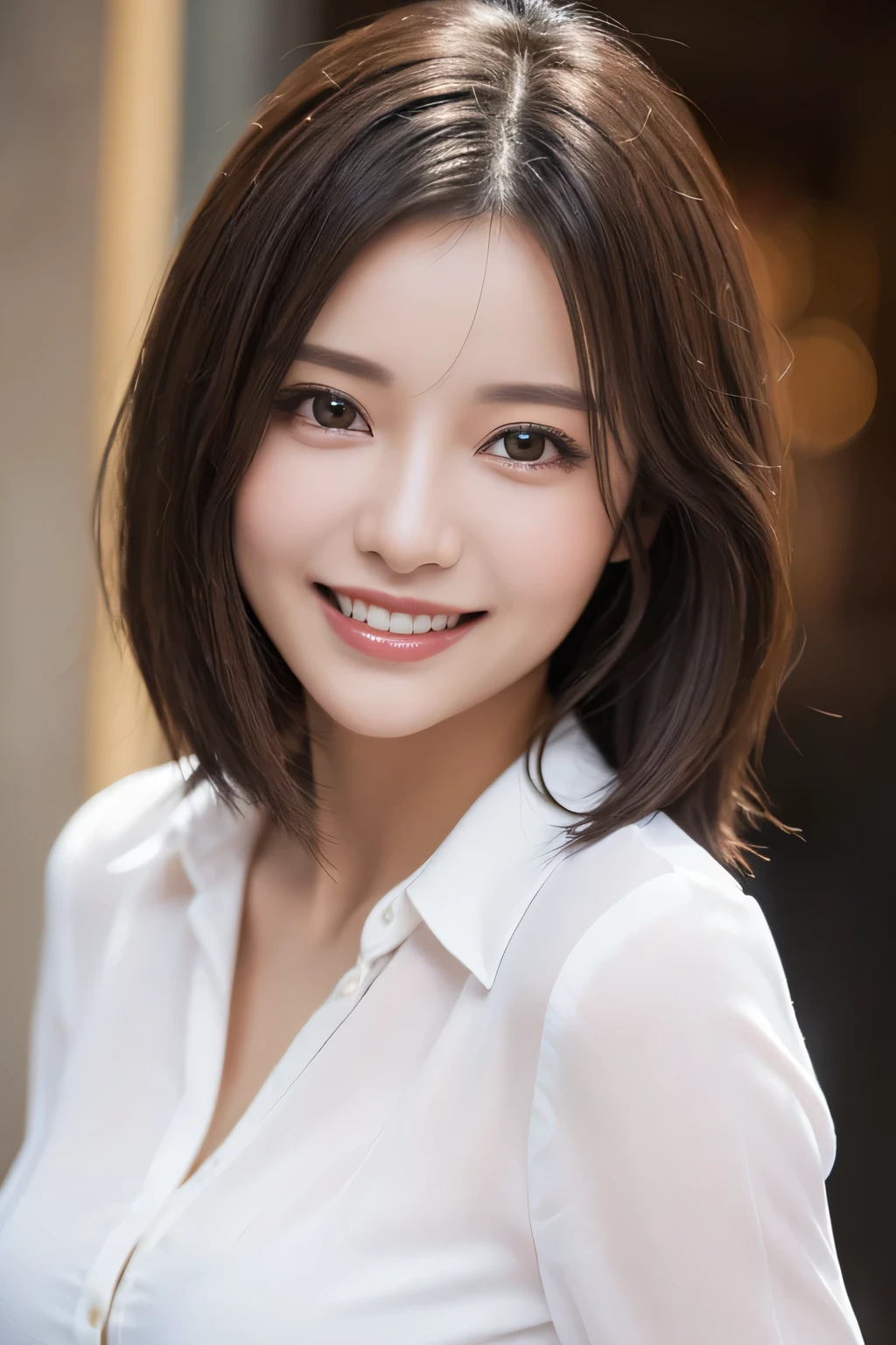 ((masterpiece)), ((Highest quality)), ((Complex)), ((Surreal)), (Realistic), (Mature Woman), ((There are no classes)), Very detailed, (1 female), Beautiful and exquisite, (Beautiful Teeth), Grin, Brunette Bob Hair, Brown eyes, ((blouse)), (Upper Body), (background:none), Perfect Eyes, Captivating eyes, Looking at the audience