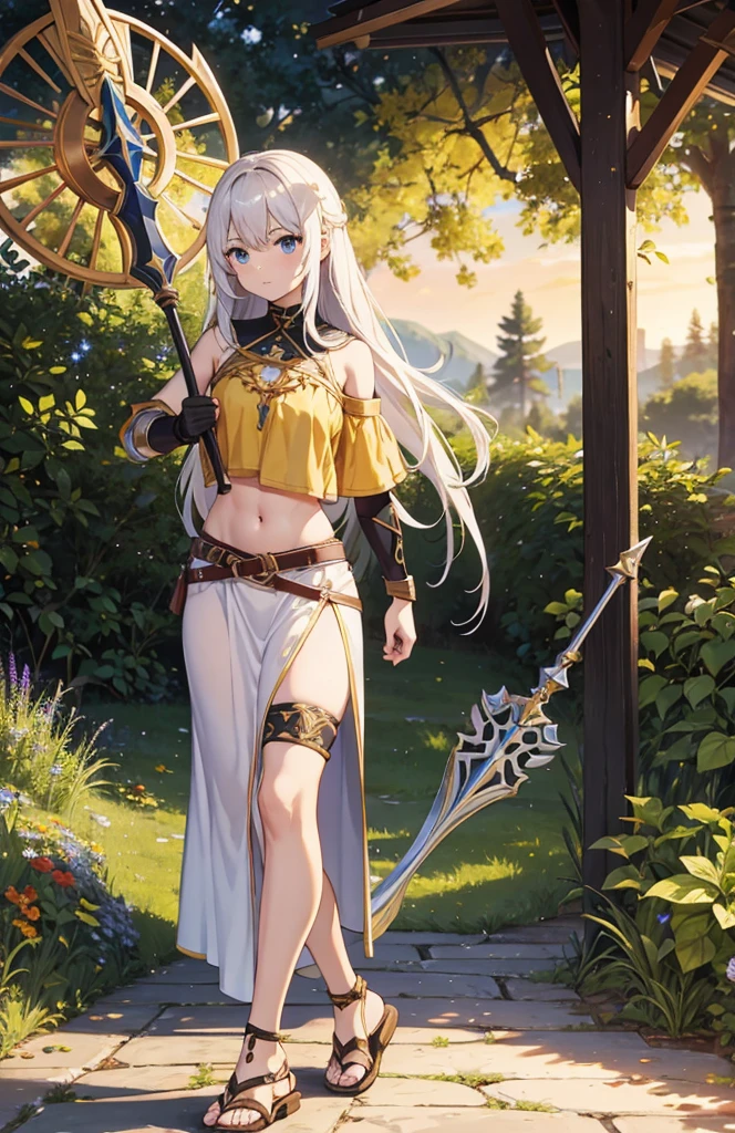 a painting of a woman standing among trees and holding a shield, spear and staff, 1girl, shield, solo, barefoot, midriff, weapon, bird, elbow pads, knee pads, shoulder pads, black armor , sandals , sexy, exposed belly, muscular girl, defined abdomen,stomach, multiple girls, looking at viewer , long hair, bare shoulders, outdoors, sandals