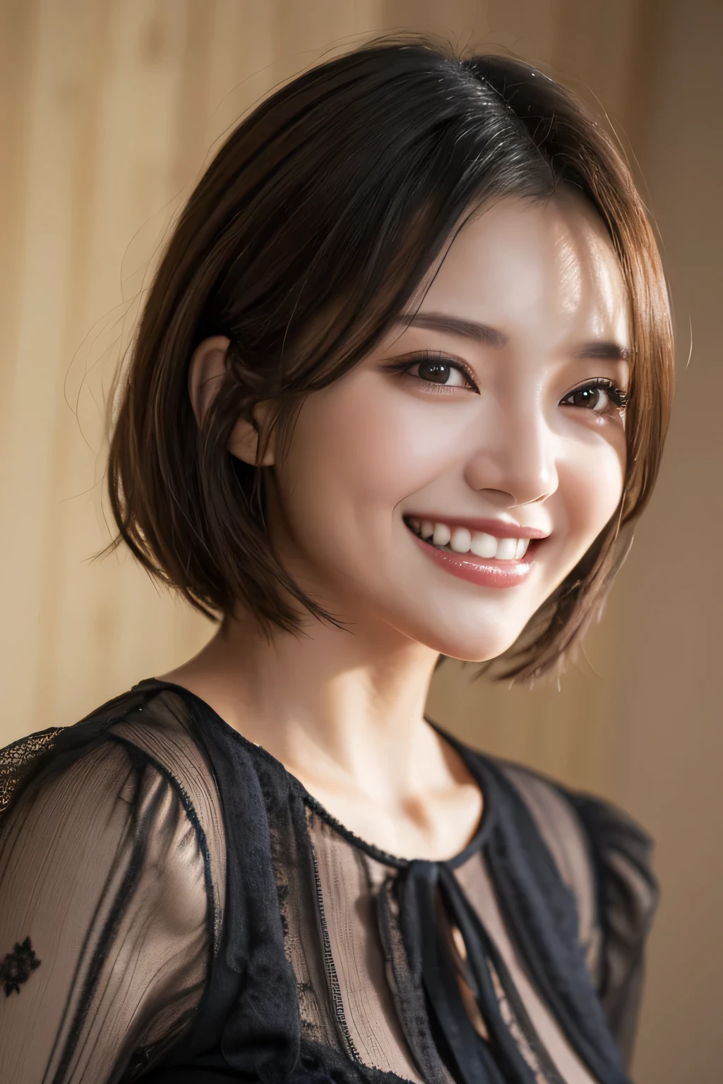 ((masterpiece)), ((Highest quality)), ((Complex)), ((Surreal)), (Realistic), (Mature Woman), ((There are no classes)), Very detailed, (1 female), Beautiful and exquisite, (Beautiful Teeth), Grin, Brunette Bob Hair, Brown eyes, ((blouse)), (Upper Body), (background:none), Perfect Eyes, Captivating eyes, Looking at the audience