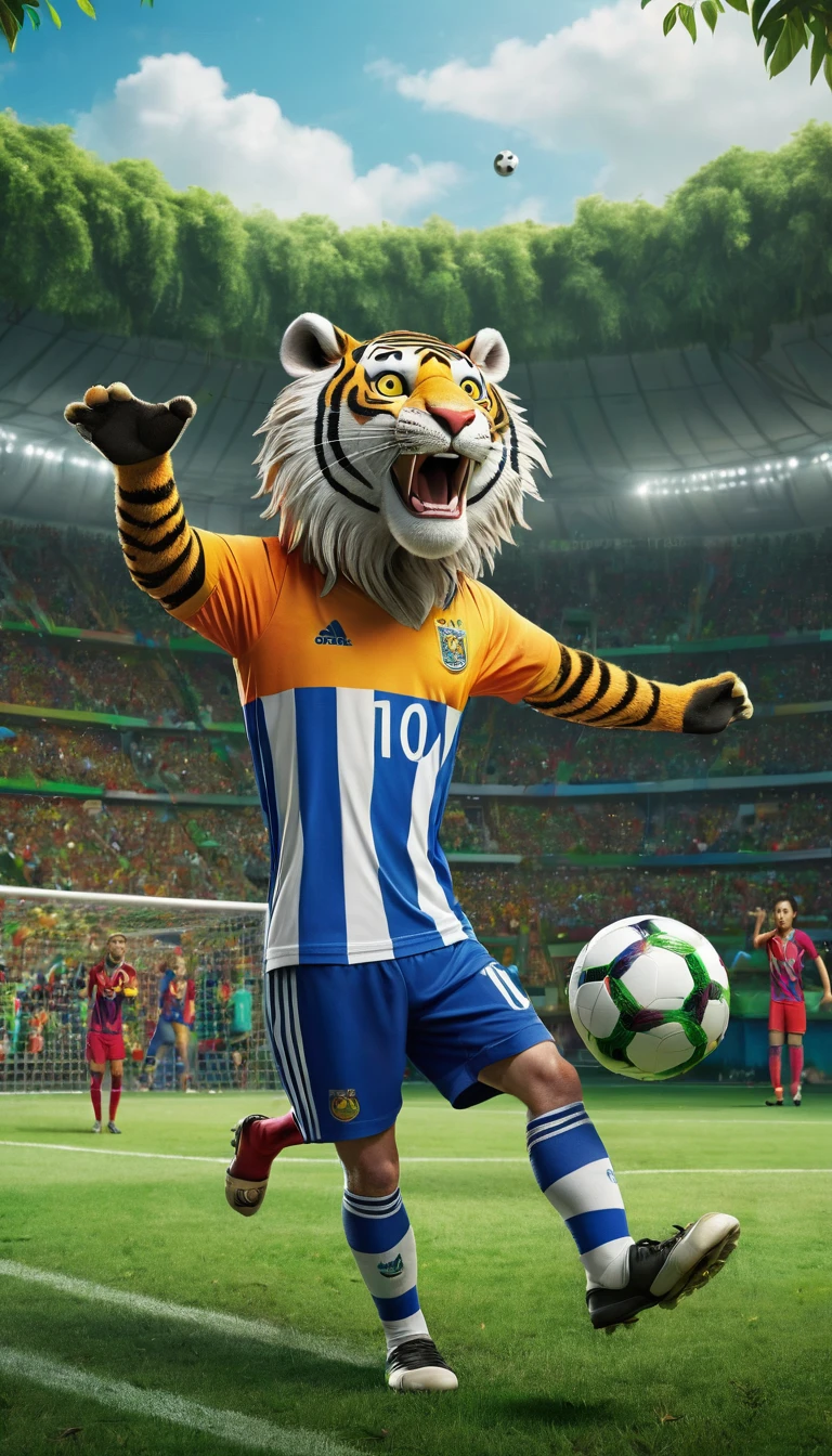 A majestic tiger, wearing an oversized soccer jersey with the number 10 and 'Messi' emblazoned on the back, is poised to take a penalty kick. The tiger's expression is a mix of intense focus and playful mischief, one paw raised mid-swing towards a colorful, oversized soccer ball. The soccer field is a whimsical jungle scene, with tall trees acting as goalposts and vines hanging around. The goal is guarded by a comically terrified zebra in a mismatched goalkeeper outfit, who seems more ready to run than to block the shot. A lively crowd of jungle animals, including cheering monkeys, clapping elephants, and dancing parrots, adds to the chaotic yet artistic atmosphere. The scene is vibrant, full of exaggerated expressions and dynamic poses, blending the worlds of wild nature and soccer with a humorous twist