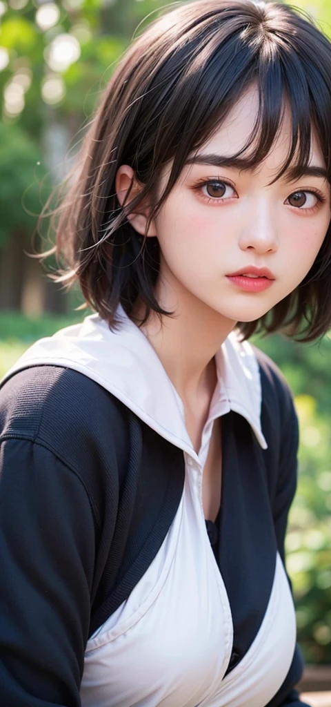 (1 nogizaka girl,ars old face,raw photo,photo realistic:1.5),(best quality, high quality,HDR, highest quality,ultra high resolution,high resolution,high res,ultra high difinition,huge file size,8K,2K wallpaper,8K wallpaper,high quality texture,amazing,an extremely delicate:1.4),one girl, Japanese famous idol,cute face,small face,absurd,ridiculous,incredibly ridiculous,blurry background,(school uniform,sailor suit,short hair,cleavage,no makeup:1.2),medium skin,beautiful skin,detailed skin,black hair,silky hair,black eyes,Japanese nose,5-fingers,(Light Particles, Lens Flare, Luminous Particles: 0.7),looking at viewer,small hands,bright lighting,professional lighting,girl