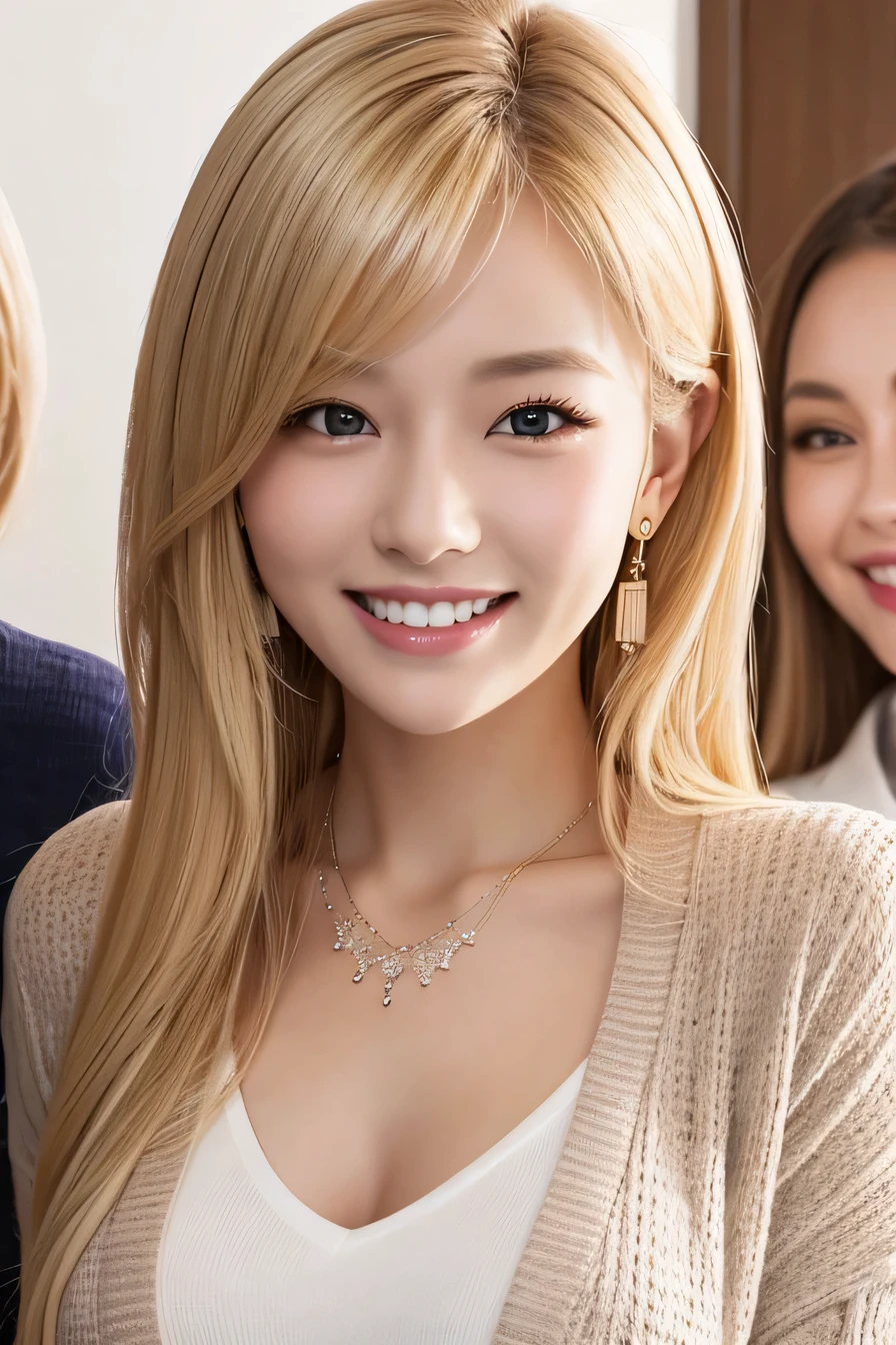 blonde、Two beautiful women standing side by side、ear piercing、Slanted Eyes、Necklace around the neck、Put a cardigan over your shoulders、blouse、smile、Beautiful teeth alignment、Intricate details, Very detailed:1.2), 、 Looking into the camera、The background is the office