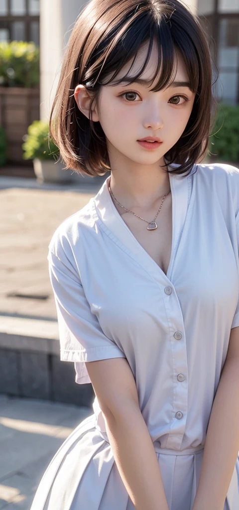 (1 nogizaka girl,15years old face,raw photo,photo realistic:1.5),(best quality, high quality,HDR, highest quality,ultra high resolution,high resolution,high res,ultra high difinition,huge file size,8K,2K wallpaper,8K wallpaper,high quality texture,amazing,an extremely delicate:1.4),one girl, Japanese famous idol,cute face,small face,absurd,ridiculous,incredibly ridiculous,blurry background,(school uniform,sailor suit,short hair,cleavage,no makeup:1.2),medium skin,beautiful skin,detailed skin,black hair,silky hair,black eyes,Japanese nose,5-fingers,(Light Particles, Lens Flare, Luminous Particles: 0.7),looking at viewer,small hands,bright lighting,professional lighting,girl