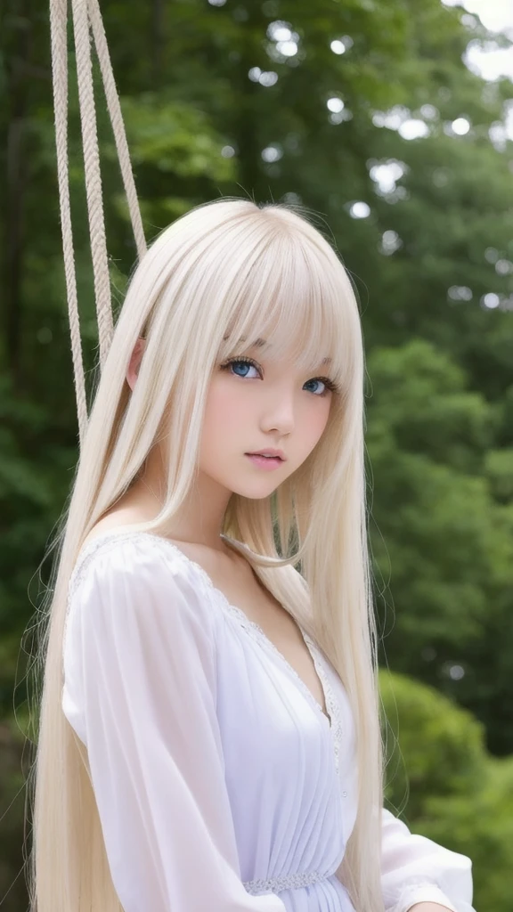 plein air、Swinging bangs、Very beautiful 18 year old cute girl、Young and beautiful white skin、Sexy and very beautiful、A very pretty face with ultimate beauty、Super long platinum blonde hair、Smooth, long, straight hair、Big, clear, blue eyes、Eyeliner、High ,Japanese