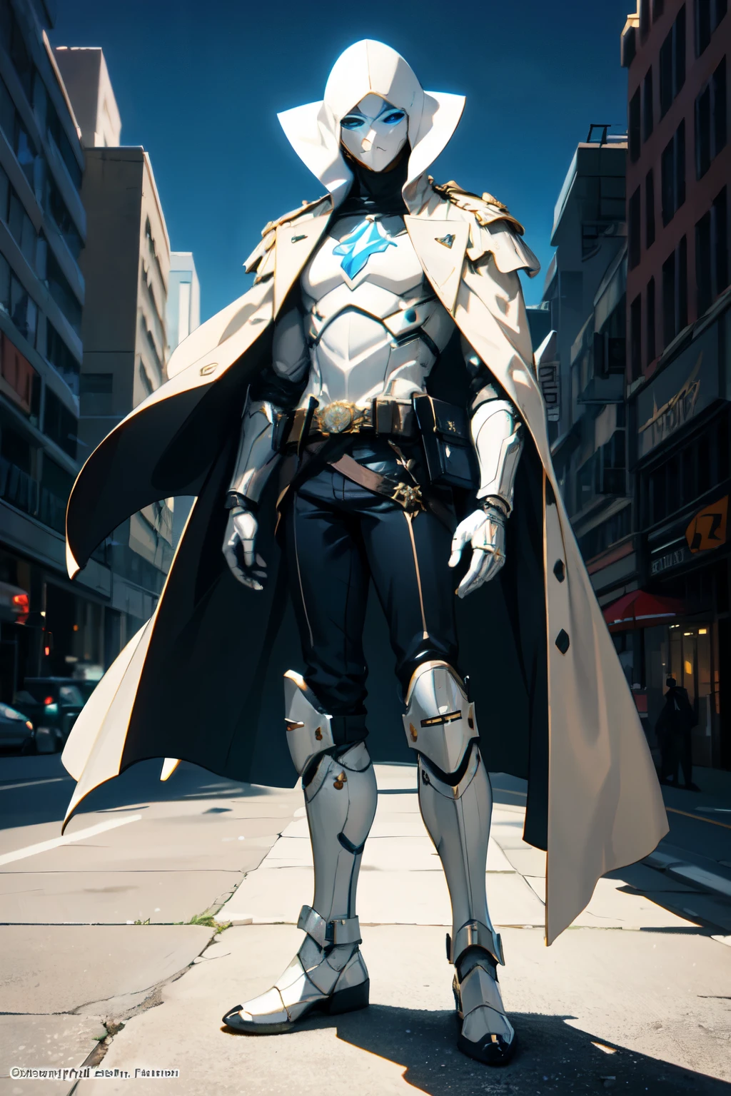 ((best quality)), ((masterpiece)), (detailed), 1 boy in a trench coat standing on a building, full body, 19 years old, masked, white mask covering his entire head and hair, mask, black protective glasses, blue eyes, black face mask, no hair, tall and slender, thin, long beige trench coat, open trench coat showing his emblem, black fingerless gloves, white wristbands, white superhero armor, white chest with emblem, luminous blue "I" letter emblem on chest, blue I-shaped emblem, letter I, black pants, white knee pads, metallic white shoes, superhero belt, nanotechnology in the air, city background, anime