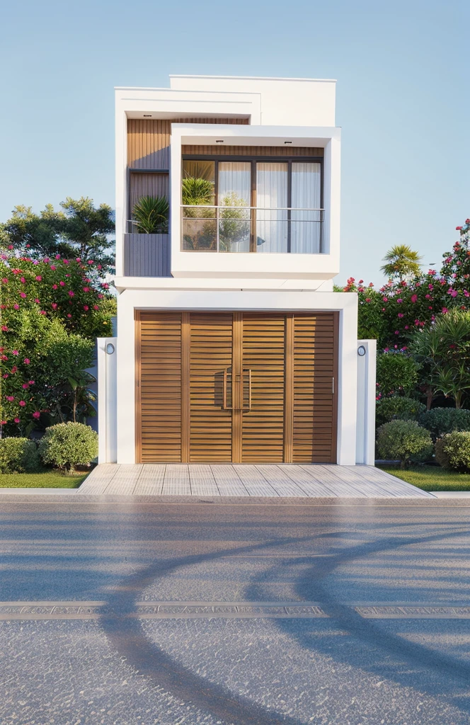 PLATEFORME KTHOUSE, Beaucoup de belles fleurs rouges le long de la route:1.3, romantique, 1 maison de style néoclassique, La maison de ville est faite de murs blancs, belle lumière, journée de beauté, ensoleillé, Beaucoup de bougainvilliers rouges le long de la route:1.3, belle sensation de jeunesse :1.2, soleil à midi, Très belles ombres,