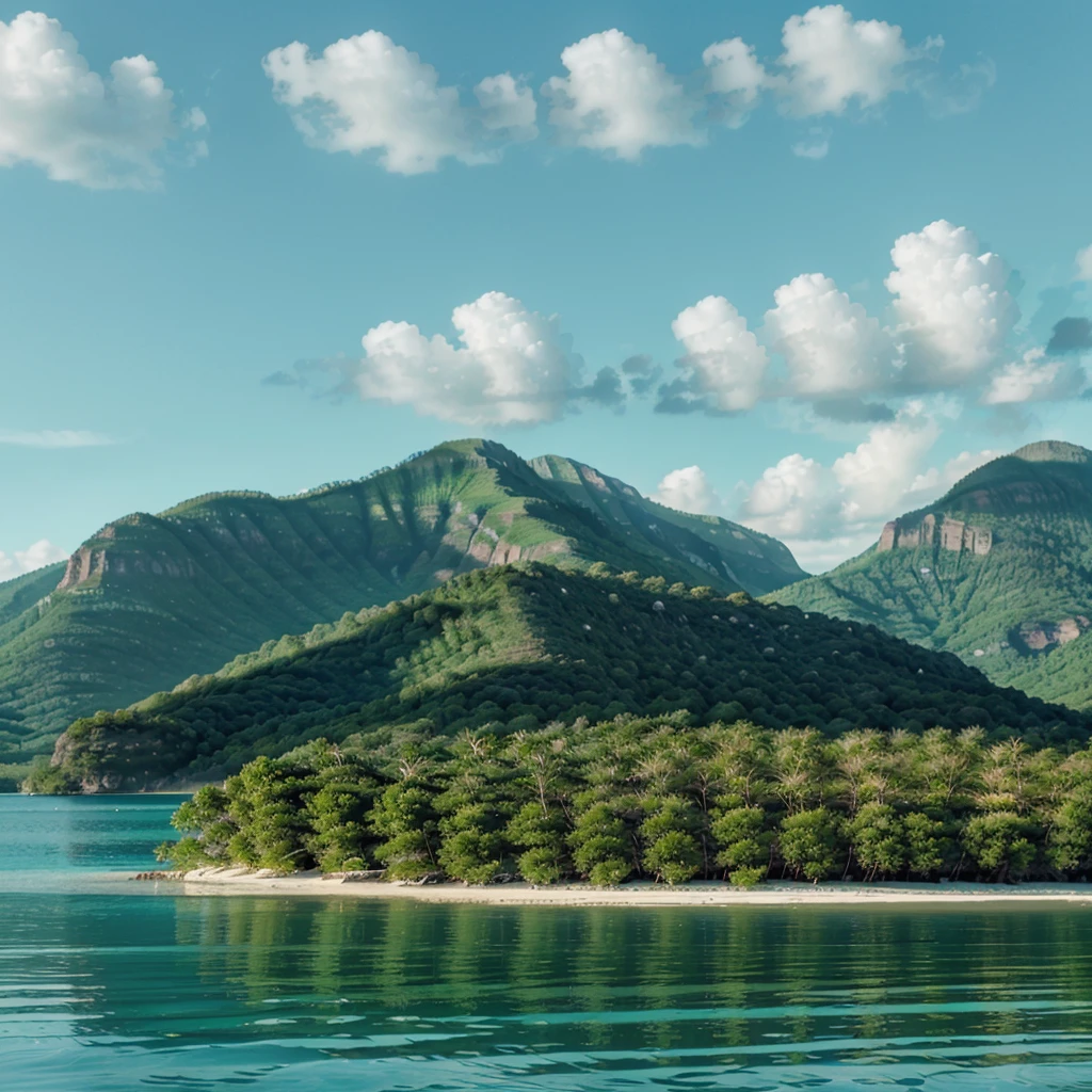 "Generates an image of a tropical island with white sand beaches and crystal clear waters. The island must have lush vegetation, including palm trees and tropical plants. Must include white sand beaches, turquoise waters, and dense vegetation. There may also be rock formations or cliffs, and optionally. The environment should have a clear blue sky with some white clouds and possibly birds flying. Lighting should be natural, reflecting a specific time of day such as morning, afternoon or evening, and the environment should be calm and paradisiacal with reflections of the sun in the water for a brilliant effect."