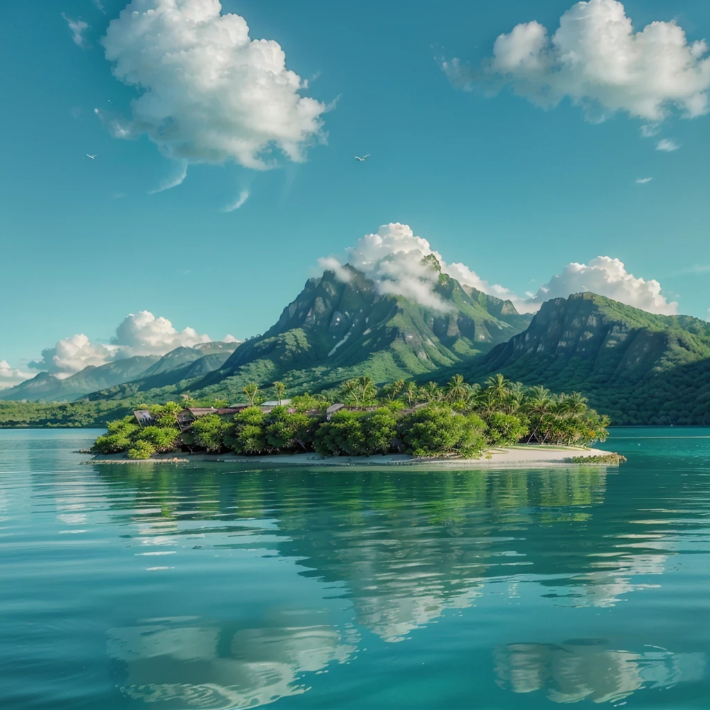 "Generates an image of a tropical island with white sand beaches and crystal clear waters. The island must have lush vegetation, including palm trees and tropical plants. Must include white sand beaches, turquoise waters, and dense vegetation. There may also be rock formations or cliffs, and optionally. The environment should have a clear blue sky with some white clouds and possibly birds flying. Lighting should be natural, reflecting a specific time of day such as morning, afternoon or evening, and the environment should be calm and paradisiacal with reflections of the sun in the water for a brilliant effect."