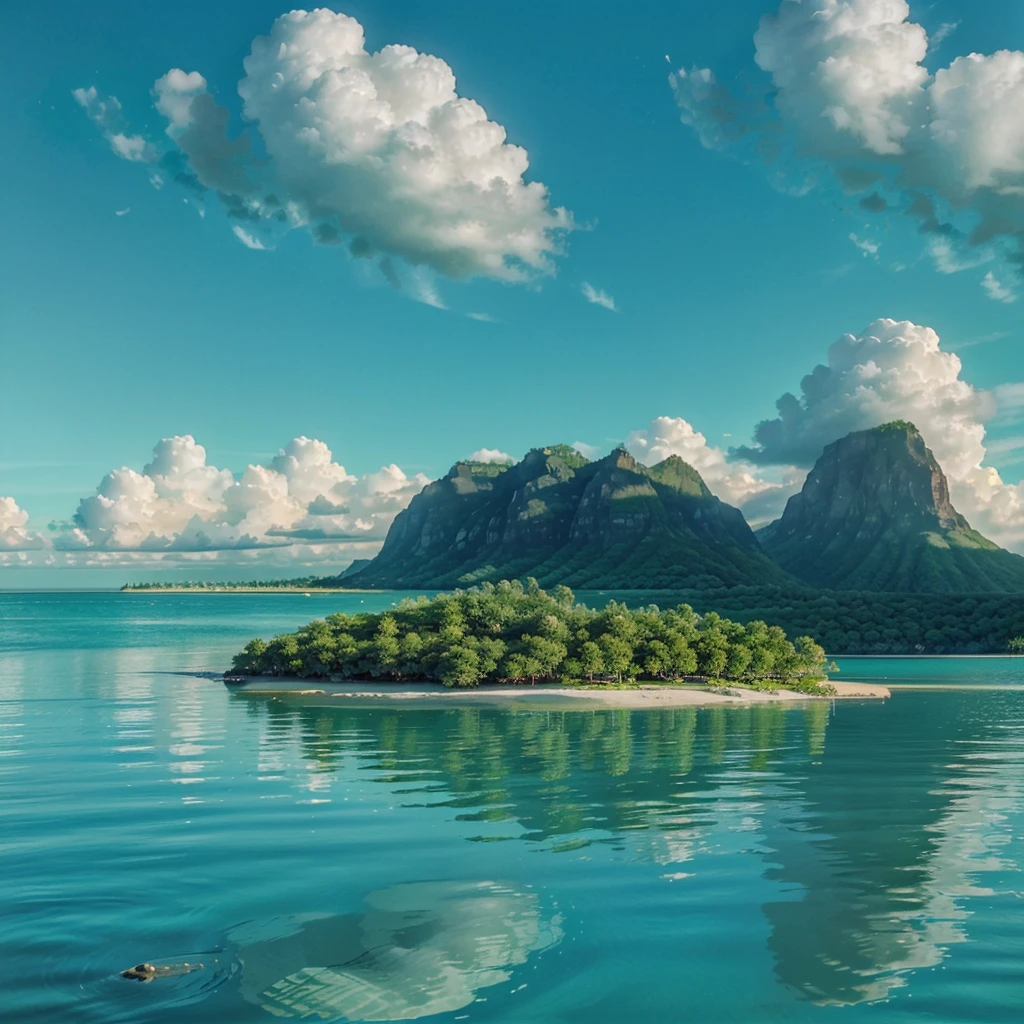 "Generates an image of a tropical island with white sand beaches and crystal clear waters. The island must have lush vegetation, including palm trees and tropical plants. Must include white sand beaches, turquoise waters, and dense vegetation. There may also be rock formations or cliffs, and optionally. The environment should have a clear blue sky with some white clouds and possibly birds flying. Lighting should be natural, reflecting a specific time of day such as morning, afternoon or evening, and the environment should be calm and paradisiacal with reflections of the sun in the water for a brilliant effect."