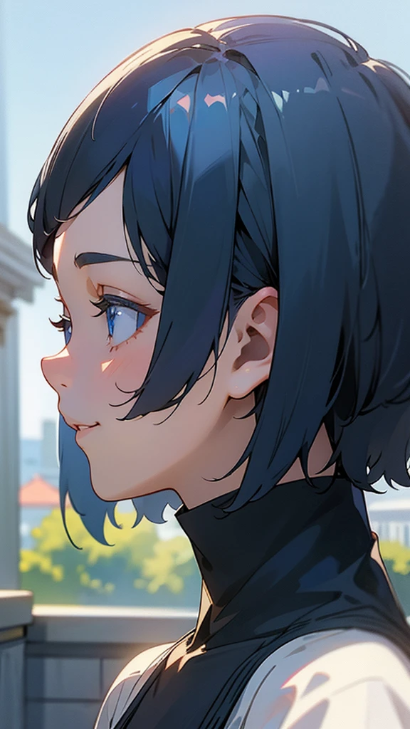 1girl、Dark blue hair、Short Bob Cut、Straight hair、blue eyes、smile、profile、Face close-up、Morning Cafe Terrace、Background blur, Written boundary depth