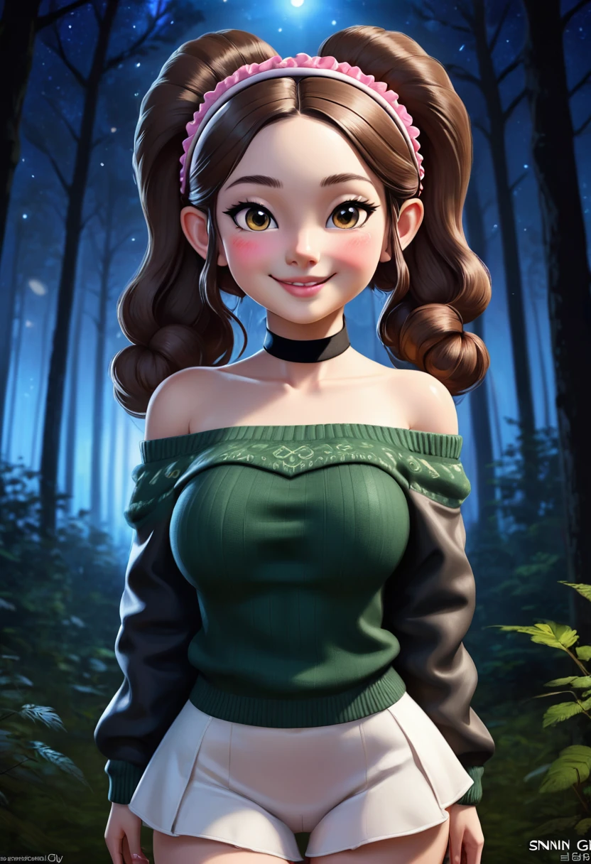 masterpiece, best quality, highly detailed, 1girl, solo, twintails, off-shoulder sweater, choker, jacket, hairband, looking at viewer, smile, blush, Wide Smile, Eyes Detailed & Wide, sexy Pose. Ultra HD, Rococo-Inspired Fantasy Art With Intricate Details. Cute, Charming Expression, Alluring-Gaze, looking at viewer Beautiful Eyes, An-Ideal-Figure. Large Youthful Well-Shaped-Breasts, Massive-Round-Bosom, Décolletage. slim waist, fit body, full lipsWarm lights , woman in a dreamy forest at night, with fluffy hair, delicate face, realistic, real, slim, large aperture, sexy shots, attractive poses,Stunnin gly beautiful merge of Miranda Cosgrove. symmetrical face, photorealistic, photography, path tracing, specular lighting, volumetric face light, path traced hairmaximum quality{(masutepiece) (8K High Resolution) (top-quality) In the style of breath of the wild.
