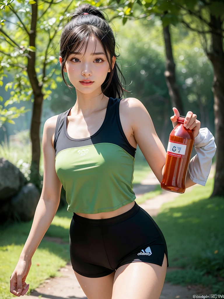 1 girls A photorealistic image of a female Asian runner in her early 20s, smiles running on a scenic mountain trail. She has long, black hair tied in a ponytail and is wearing a bright red tank top and black running shorts. She also has a red visor and a white water bottle strapped to her waist. Her expression is one of determination and focus as she powers up the trail. The background is a lush green forest with tall trees and a winding trail. The lighting is bright and sunny, with dappled sunlight filtering through the trees. Photograph taken by Sony 85mm f/1.2
sky,street,Raw, cinematic shot, (sharp focus:1.5), (photorealistic:1.4), twilight lighting, volumetric lighting, ultra high res, 16K,dramatic lighting,