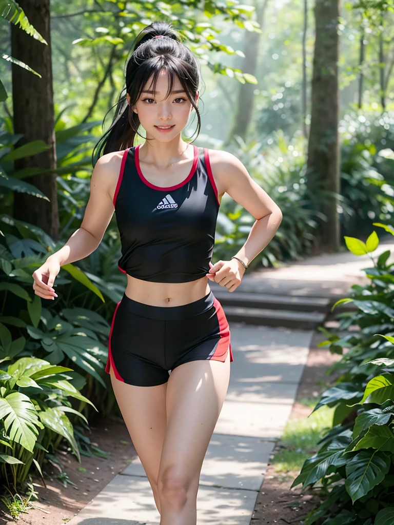 1 girls A photorealistic image of a female Asian runner in her early 20s, smiles running on a scenic mountain trail. She has long, black hair tied in a ponytail and is wearing a bright red tank top and black running shorts. She also has a red visor and a white water bottle strapped to her waist. Her expression is one of determination and focus as she powers up the trail. The background is a lush green forest with tall trees and a winding trail. The lighting is bright and sunny, with dappled sunlight filtering through the trees. Photograph taken by Sony 85mm f/1.2
sky,street,Raw, cinematic shot, (sharp focus:1.5), (photorealistic:1.4), twilight lighting, volumetric lighting, ultra high res, 16K,dramatic lighting,