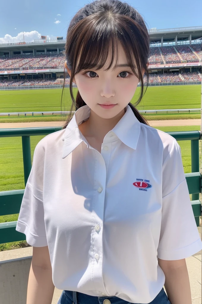 Ultra-realistic photo quality。Hold the card in your right hand、Super cute Korean idol-style Japanese college student。Wearing a white blouse。The background is the stands at the racetrack.。The card is credit card size。The card design、Green grass in the background、In the center is the shadow of a racehorse facing left.、Above that, the word UMACA is designed in white in the center.。