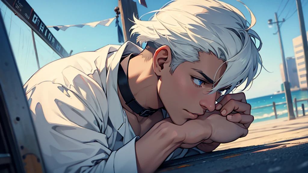 ((best quality)), ((work of art)), ((detailed)), young man with short white hair, looking upwards, in profile