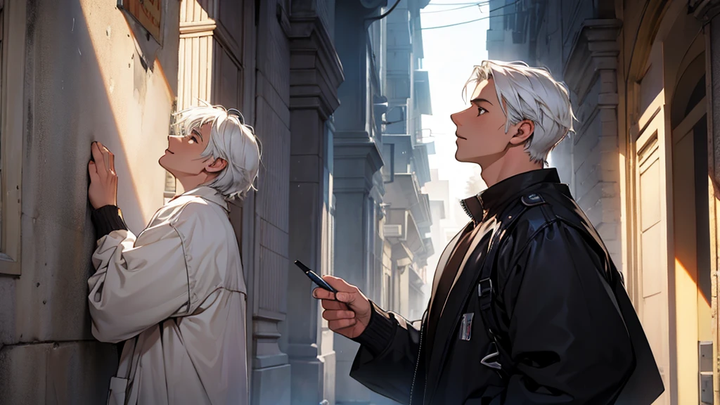 ((best quality)), ((work of art)), ((detailed)), young man with short white hair, looking upwards, in profile