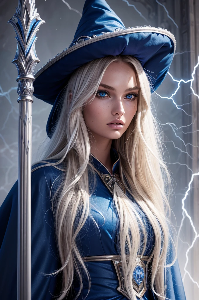 16 year old Romee Strijd dark elf mage, ((ultra-detailed face)), ultra detailed blue eyes, long platinum blonde wavy messy hair, (wizard hat, wizard robes, staff, lightning), (((masterpiece)))