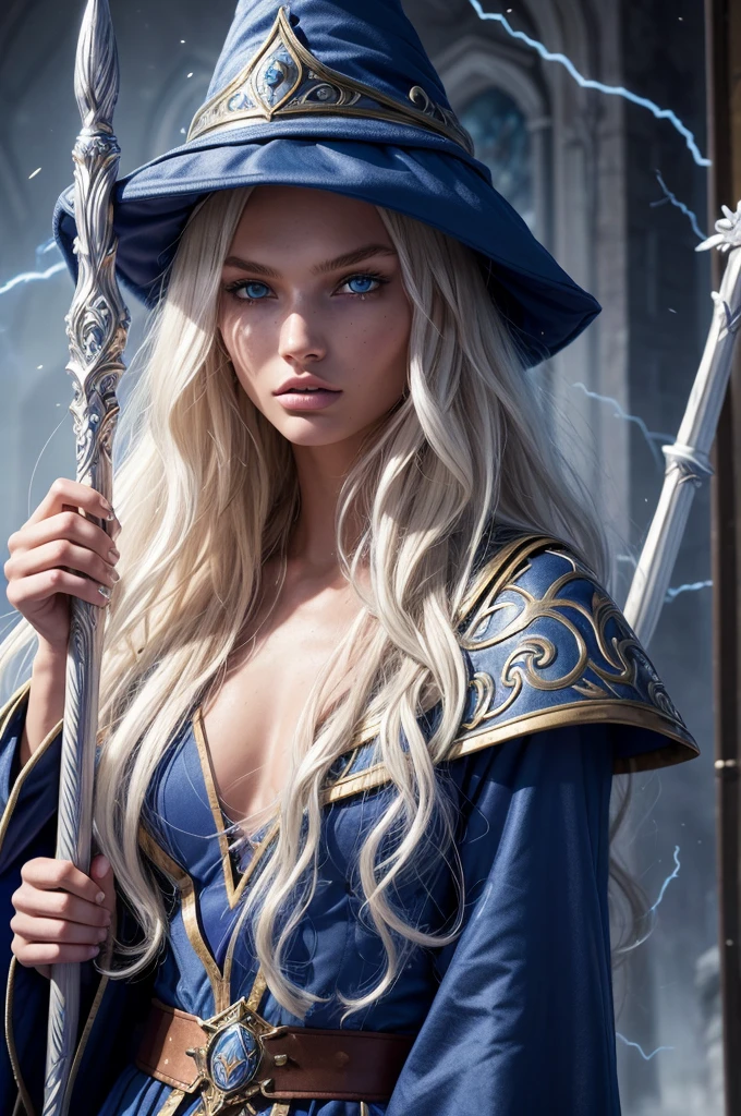 16 year old Romee Strijd dark elf mage, ((ultra-detailed face)), ultra detailed blue eyes, long platinum blonde wavy messy hair, (wizard hat, wizard robes, staff, lightning), (((masterpiece)))