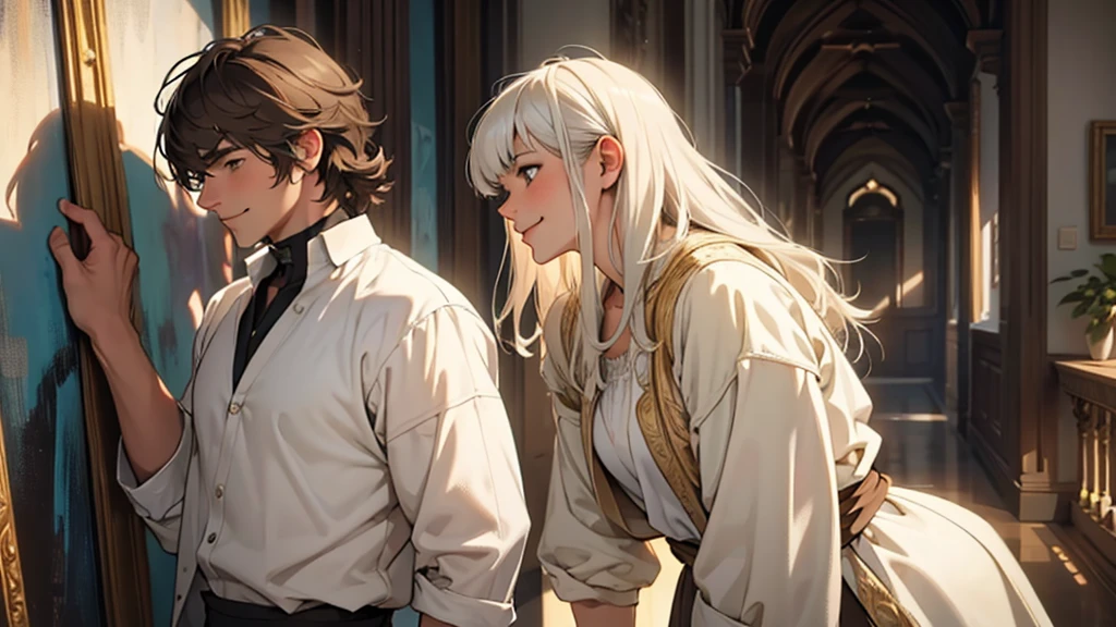 ((best quality)), ((work of art)), ((detailed)), young man with short white hair, in profile, smiling, woman with long brown hair and bangs, looking embarrassed