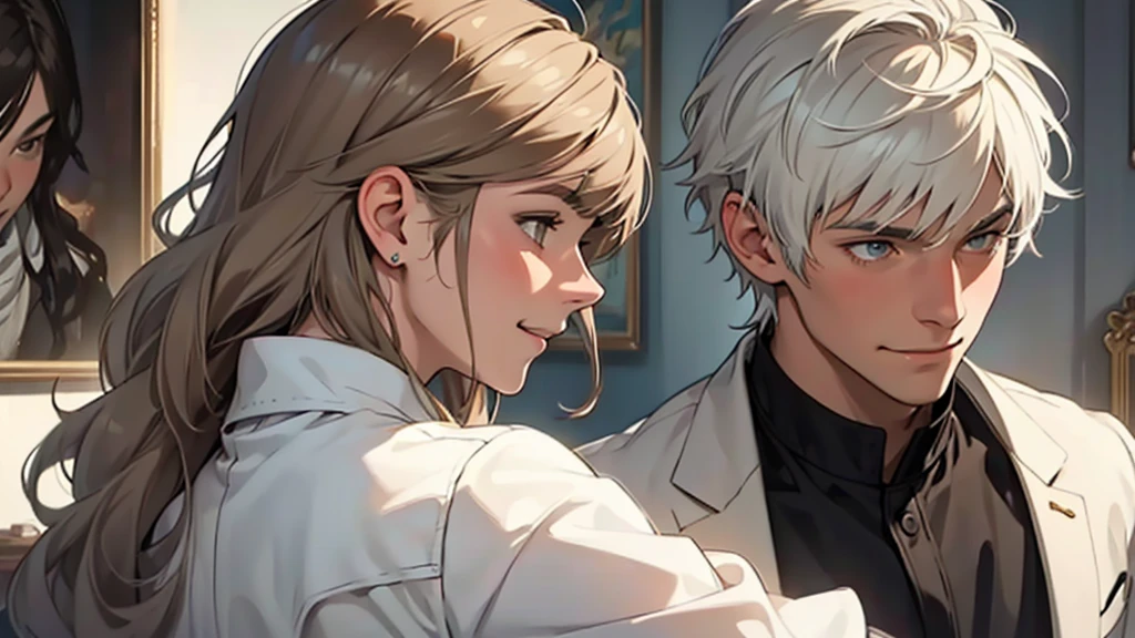 ((best quality)), ((work of art)), ((detailed)), young man with short white hair, in profile, smiling, woman with long brown hair and bangs, looking embarrassed
