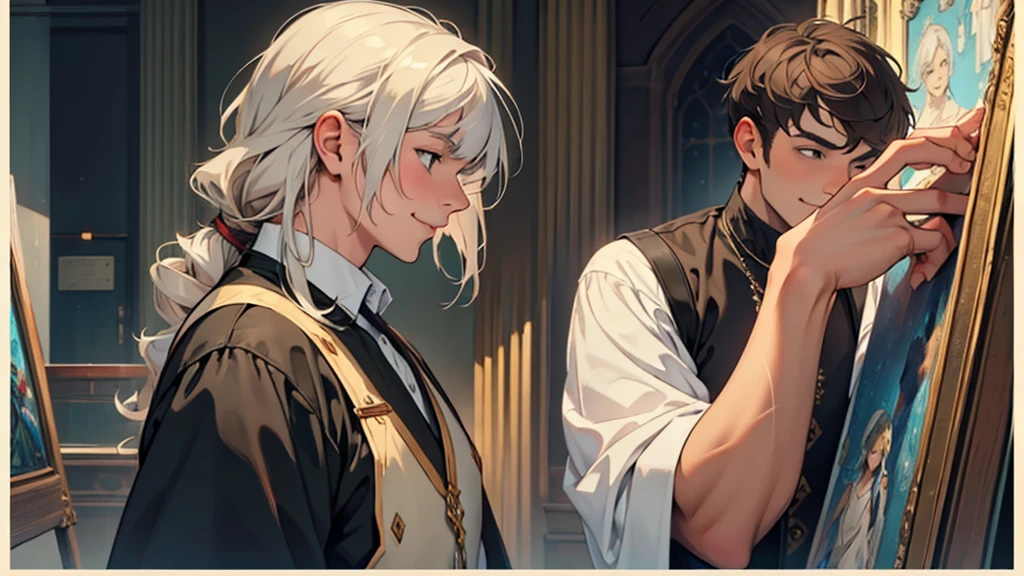 ((best quality)), ((work of art)), ((detailed)), young man with short white hair, in profile, smiling, woman with long brown hair and bangs, looking embarrassed
