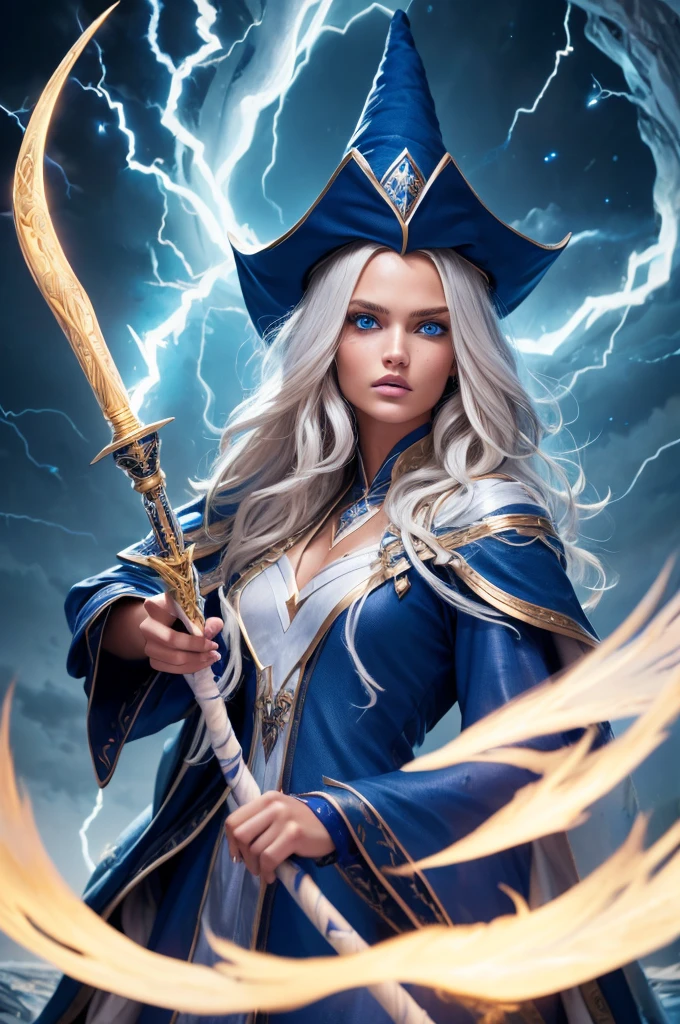 16 year old Romee Strijd dark elf mage, ((ultra-detailed face)), ultra detailed blue eyes, long platinum blonde wavy messy hair, (wizard hat, wizard robes, staff, lightning), (((masterpiece)))