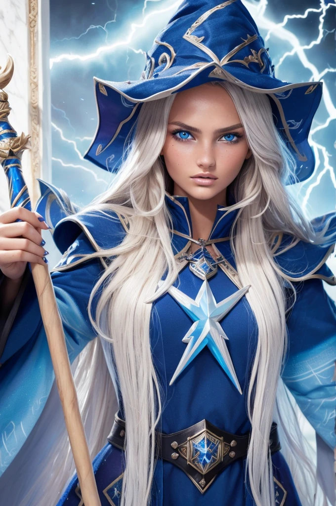 16 year old Romee Strijd dark elf mage, ((ultra-detailed face)), ultra detailed blue eyes, long platinum blonde wavy messy hair, (wizard hat, wizard robes, staff, lightning), (((masterpiece)))