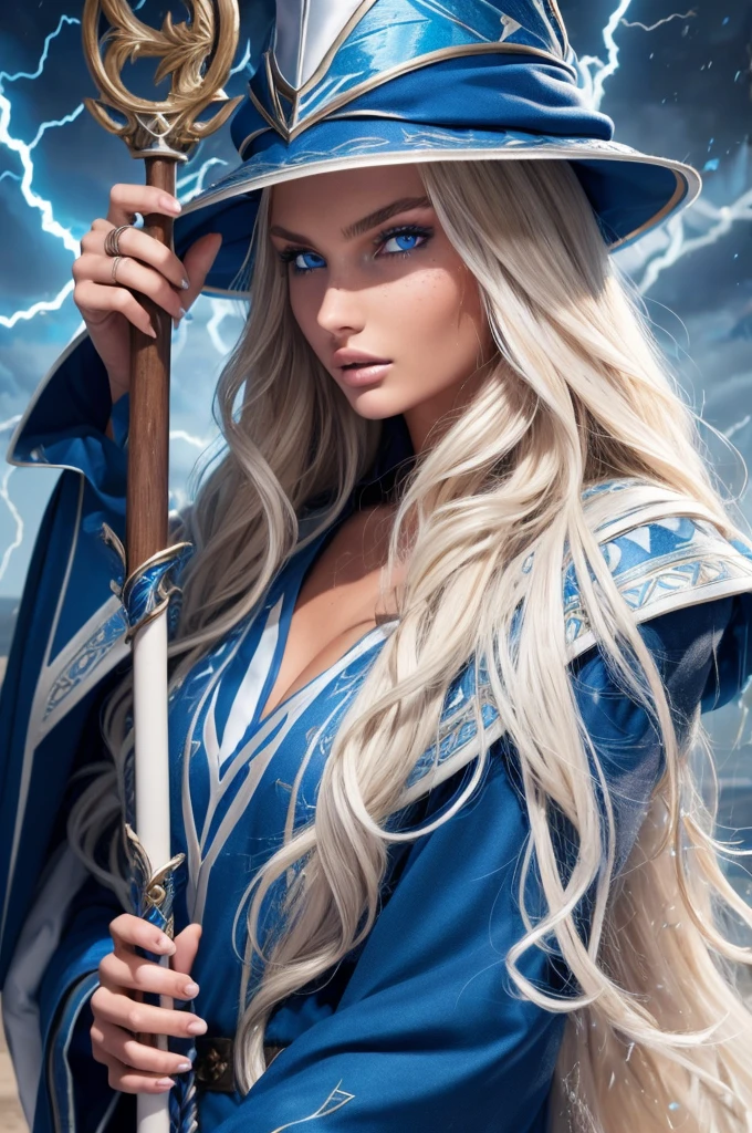 16 year old Romee Strijd dark elf mage, ((ultra-detailed face)), ultra detailed blue eyes, long platinum blonde wavy messy hair, (wizard hat, wizard robes, staff, lightning), (((masterpiece)))