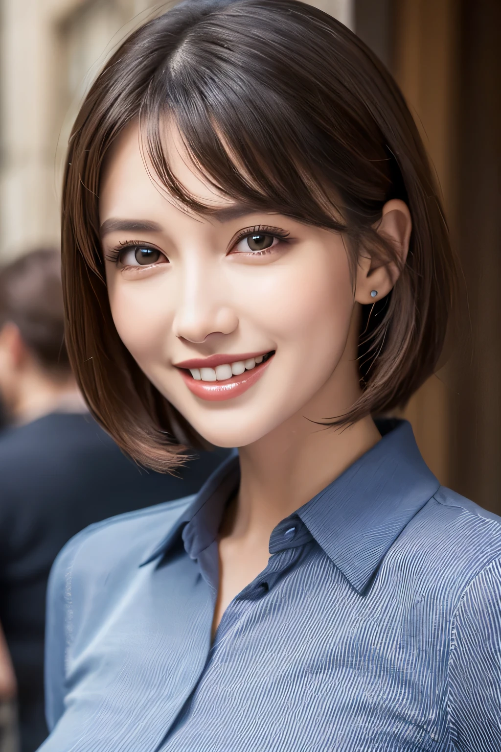 ((masterpiece)), ((Highest quality)), ((Complex)), ((Surreal)), (Realistic), (Mature Woman), ((There are no classes)), Very detailed, (1 female), Beautiful and exquisite, (Beautiful Teeth), Grin, Brunette Bob Hair, Brown eyes, ((blouse)), (Upper Body), (background:none), Perfect Eyes, Captivating eyes, Looking at the audience