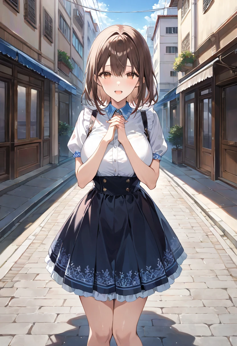masterpiece, best quality, ultra detailed, detailed eyes, sparkling eyes, nsfw, ((large breasts)), The image depicts an anime-style illustration of a young girl standing on a street. She has long, flowing brown hair that reaches down to her waist, and her eyes are large and expressive, giving her a lively and cheerful appearance. The girl is wearing a white blouse with a light blue collar, adorned with subtle embroidery on the edges. Her skirt is black with a ruffled white underskirt that peeks out from the bottom, adding a cute and slightly formal touch to her outfit. She stands with her hands clasped together in front of her chest, creating a pose that conveys a sense of shyness or excitement. The background shows an urban setting with buildings lining the street and a clear sky above. The lighting suggests it is a bright, sunny day, casting gentle shadows that add depth to the scene. The overall atmosphere of the image is vibrant and uplifting, capturing a moment of joyful anticipation.