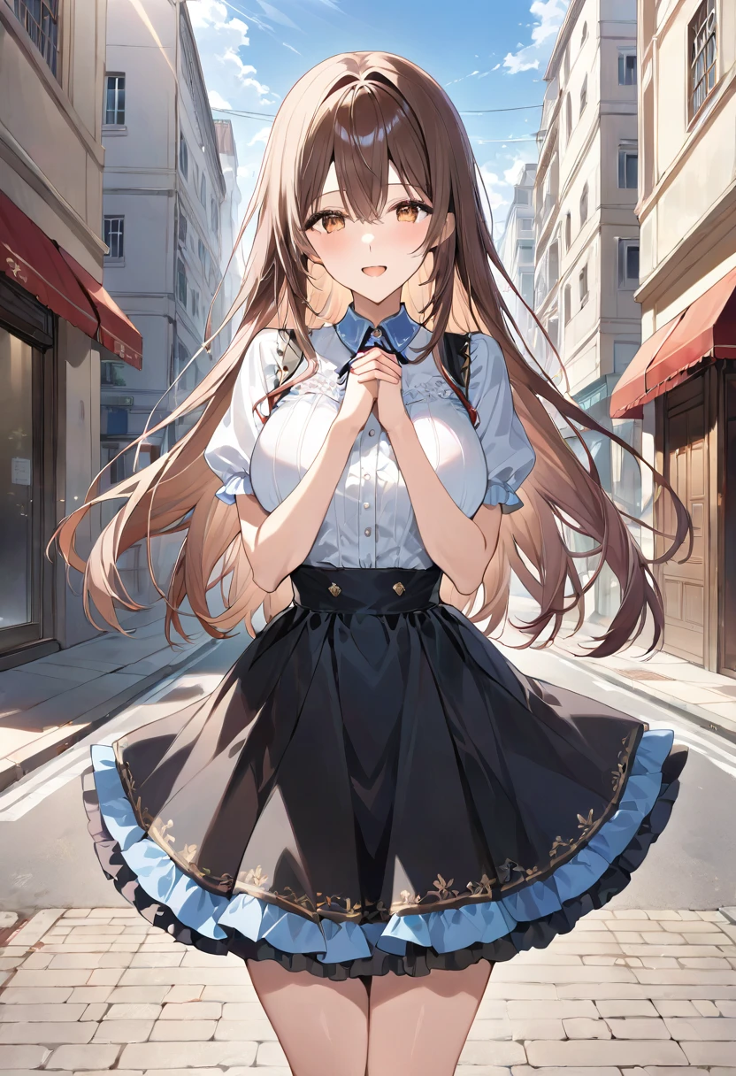 masterpiece, best quality, ultra detailed, detailed eyes, sparkling eyes, nsfw, ((large breasts)), The image depicts an anime-style illustration of a young girl standing on a street. She has long, flowing brown hair that reaches down to her waist, and her eyes are large and expressive, giving her a lively and cheerful appearance. The girl is wearing a white blouse with a light blue collar, adorned with subtle embroidery on the edges. Her skirt is black with a ruffled white underskirt that peeks out from the bottom, adding a cute and slightly formal touch to her outfit. She stands with her hands clasped together in front of her chest, creating a pose that conveys a sense of shyness or excitement. The background shows an urban setting with buildings lining the street and a clear sky above. The lighting suggests it is a bright, sunny day, casting gentle shadows that add depth to the scene. The overall atmosphere of the image is vibrant and uplifting, capturing a moment of joyful anticipation.