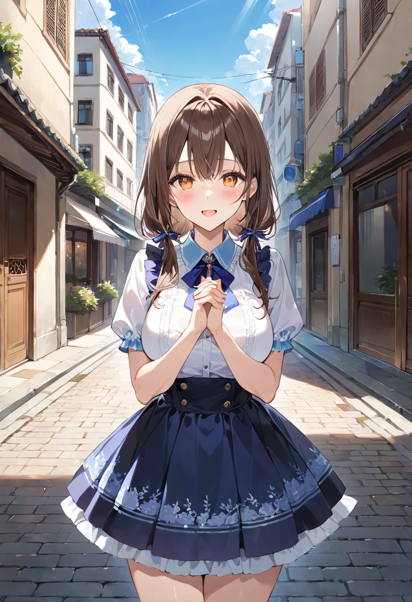 masterpiece, best quality, ultra detailed, detailed eyes, sparkling eyes, nsfw, ((large breasts)), The image depicts an anime-style illustration of a young girl standing on a street. She has long, flowing brown hair that reaches down to her waist, and her eyes are large and expressive, giving her a lively and cheerful appearance. The girl is wearing a white blouse with a light blue collar, adorned with subtle embroidery on the edges. Her skirt is black with a ruffled white underskirt that peeks out from the bottom, adding a cute and slightly formal touch to her outfit. She stands with her hands clasped together in front of her chest, creating a pose that conveys a sense of shyness or excitement. The background shows an urban setting with buildings lining the street and a clear sky above. The lighting suggests it is a bright, sunny day, casting gentle shadows that add depth to the scene. The overall atmosphere of the image is vibrant and uplifting, capturing a moment of joyful anticipation.