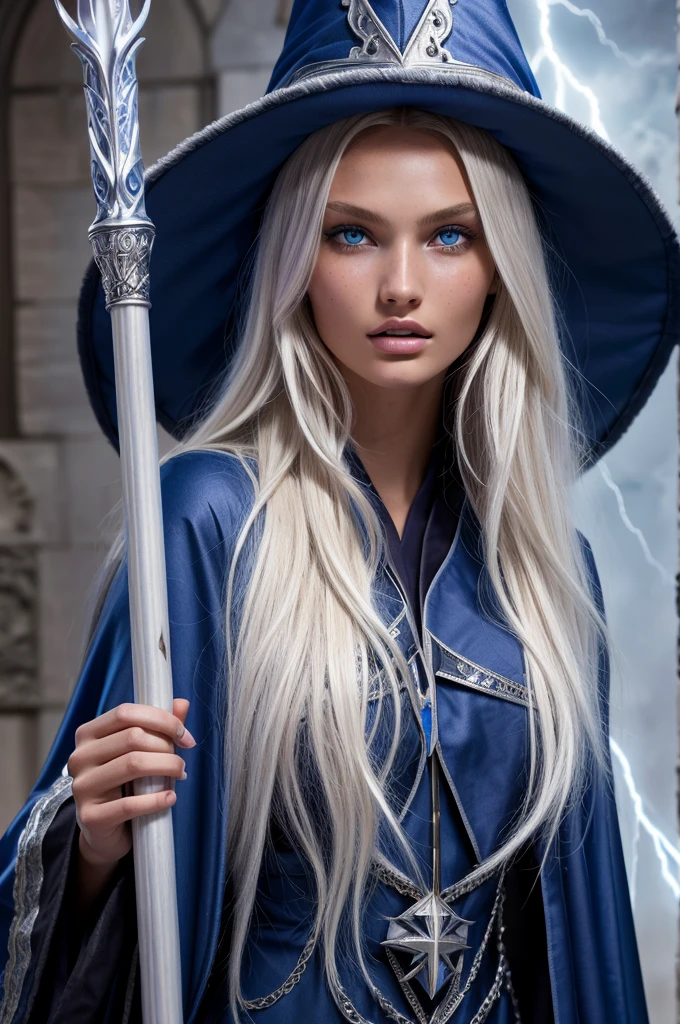 Romee Strijd dark elf mage, ((ultra-detailed face)), ultra detailed blue eyes, long platinum blonde wavy messy hair, (wizard hat, wizard robes, staff, lightning), (((masterpiece)))