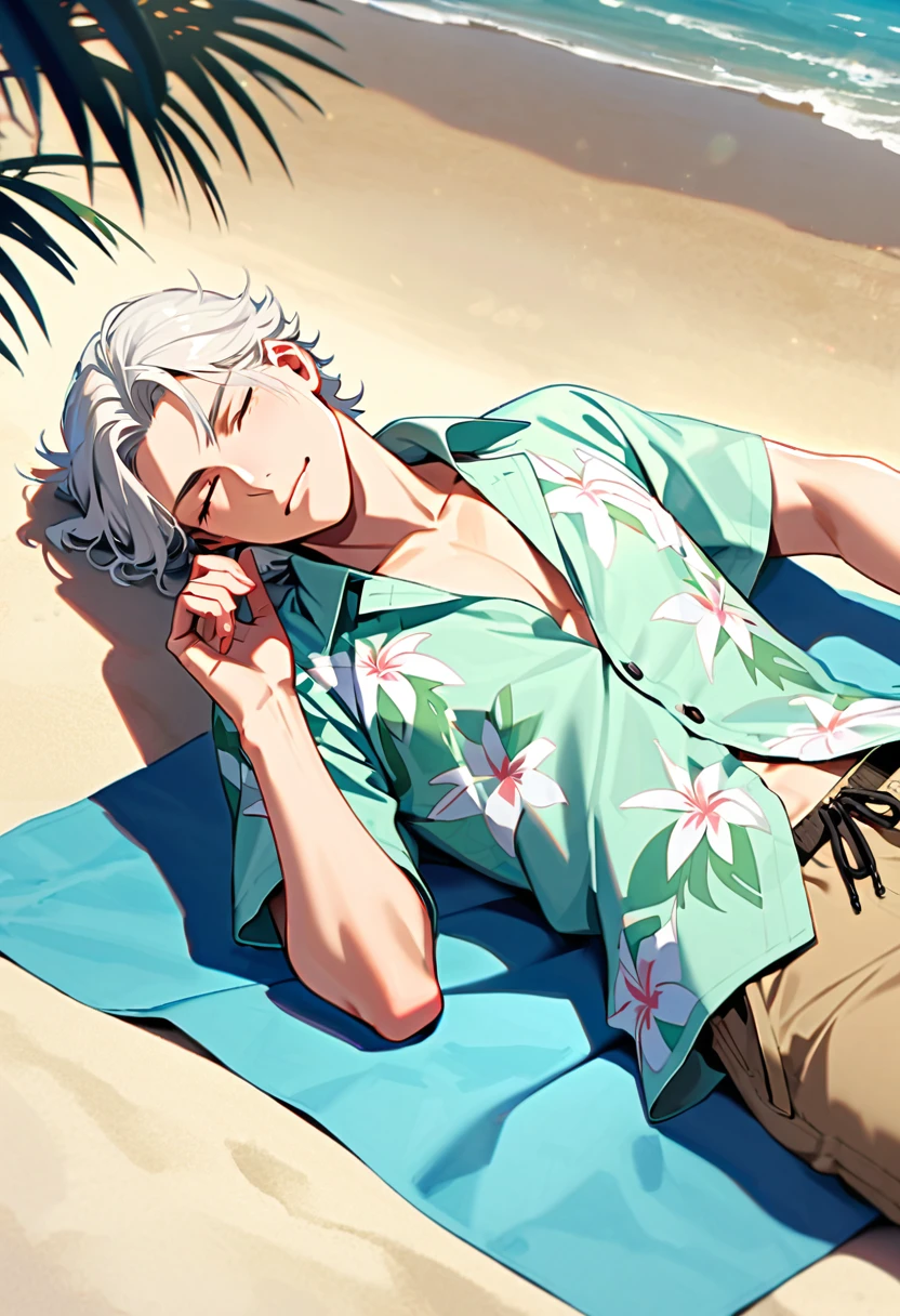 A man, 19-years-old, solo, Caucasian, mature face, short tousled white hair, eyes closed, relaxed facial expression, light pale green Hawaiian shirt, short sleeves, khaki shorts, beach, lying on a towel